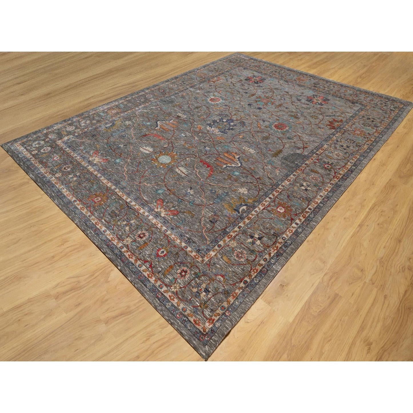 9'X12'1" Brown Scrolls Leaf Design Striae Hand Knotted Silk And Wool Rug