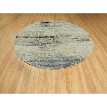 8'X8' Silver Blue Wool & Silk Modern Abstract Design Oriental Round Rug