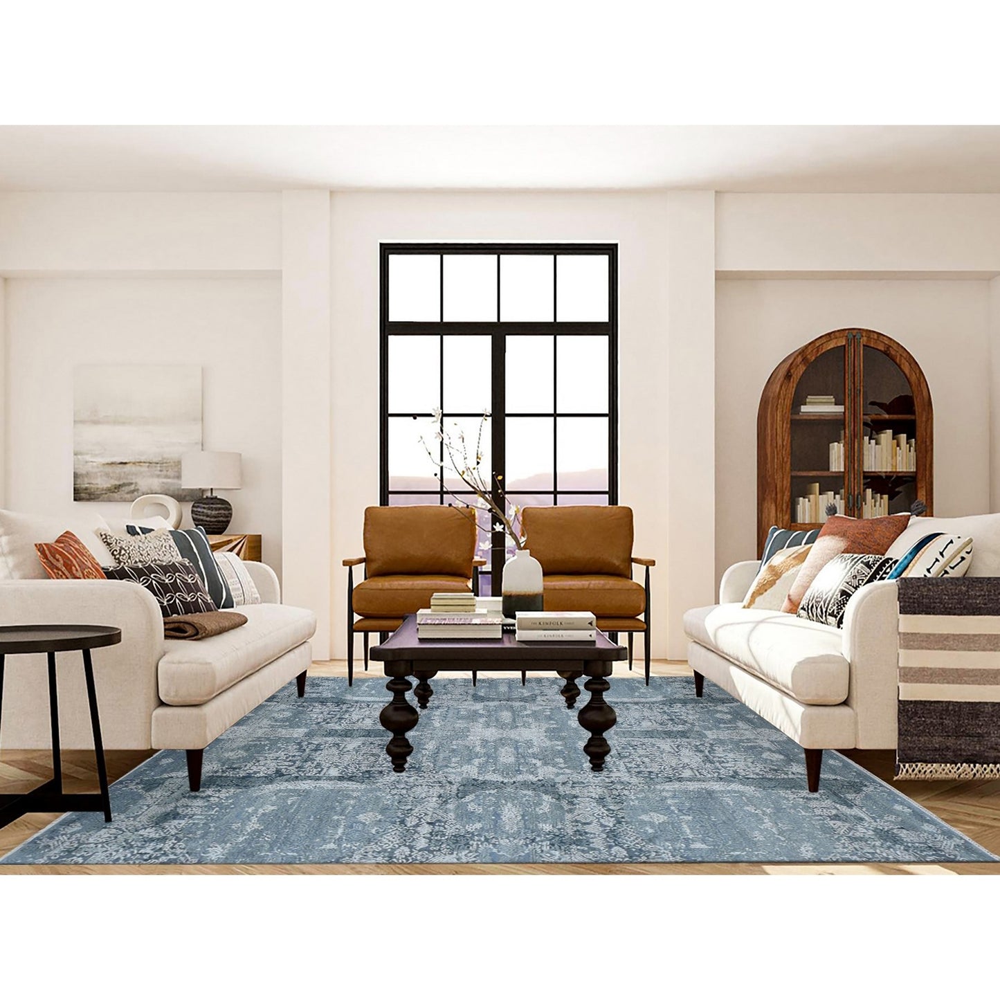 7'10"X10' Cloud Gray Wool And Pure Silk Jewellery Design Hand Knotted Rug