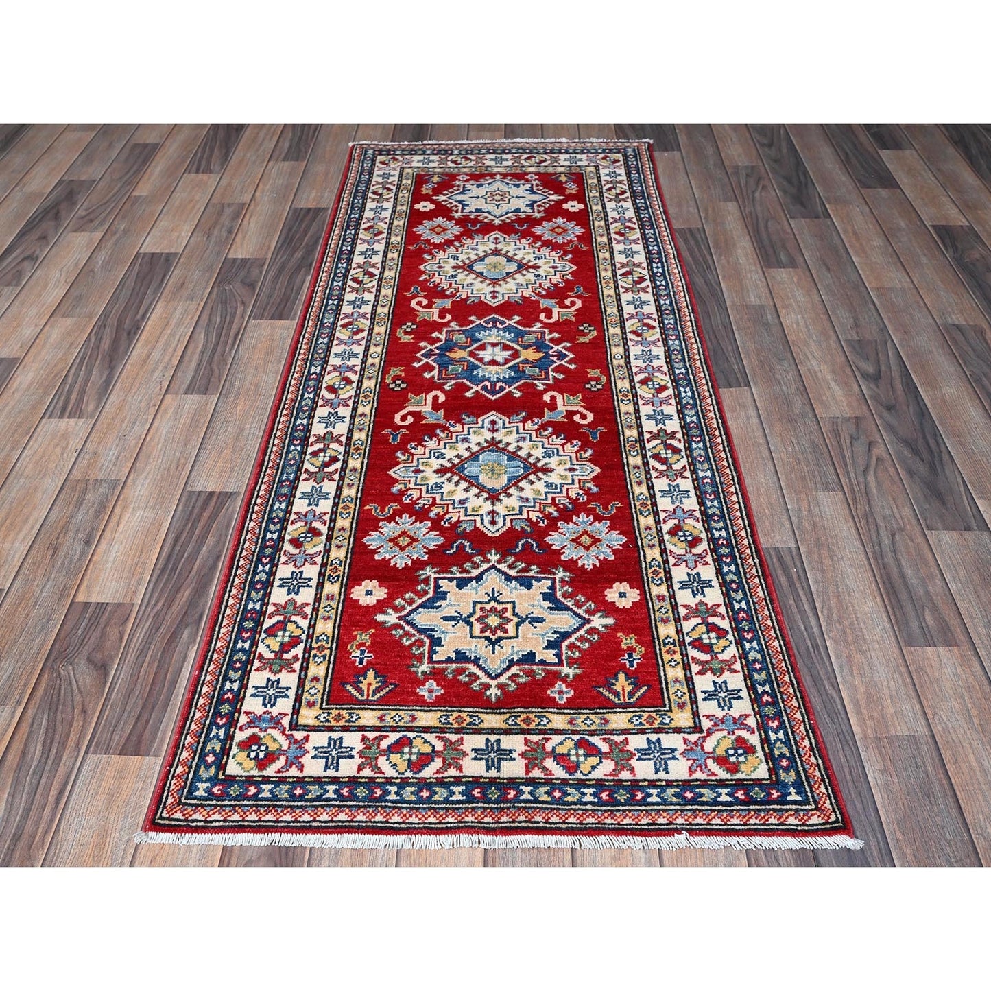 2'6"X6'3" Red Kazak With Medallions Design All Wool Hand Knotted Runner Rug