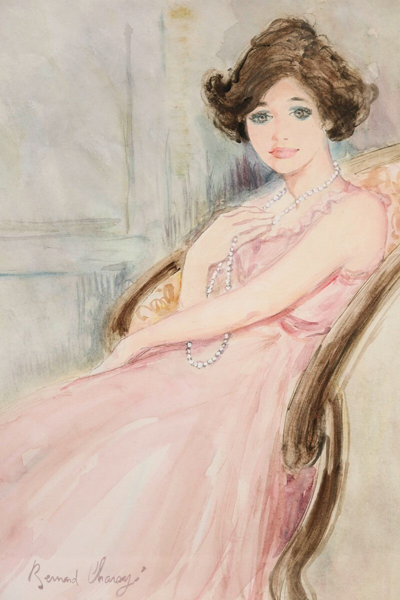 Bernard Charoy Original Watercolor Painting "Lady In Pink Dress" Signed French
