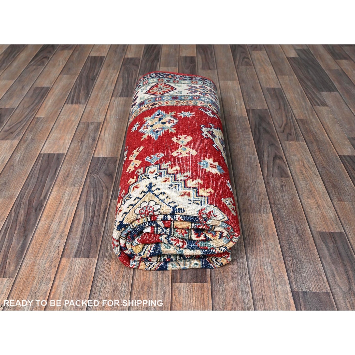 5'10"X8'8" Red Kazak With Geometric Medallions Design Wool Hand Knotted Rug