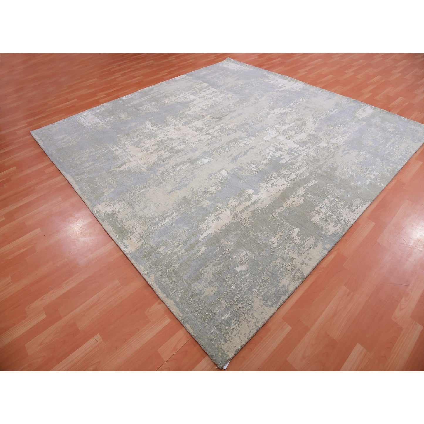 10'X10' Gray Modern Abstract Design Hand Knotted Wool And Silk Square Rug