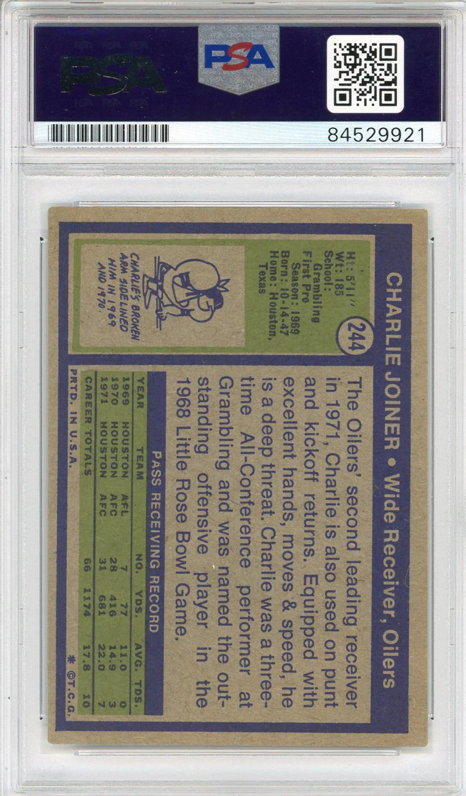 Charlie Joiner "Hof 96" Autographed 1972 Topps Card #244 (Psa Auto 10)