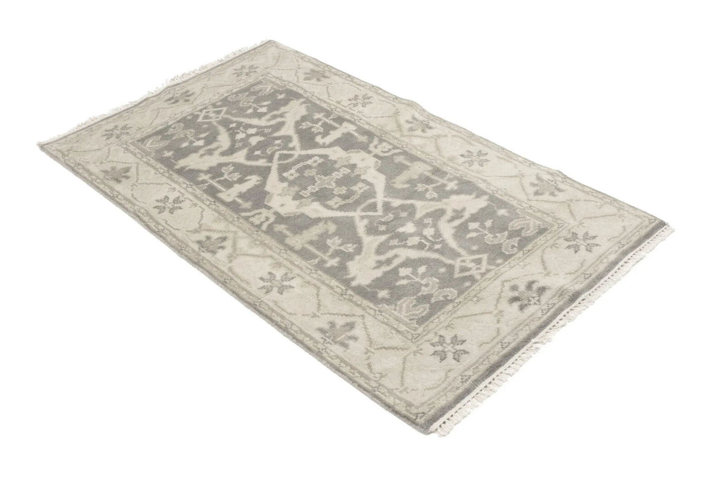 Handmade Muted Taupe Floral Oriental Rug Classic