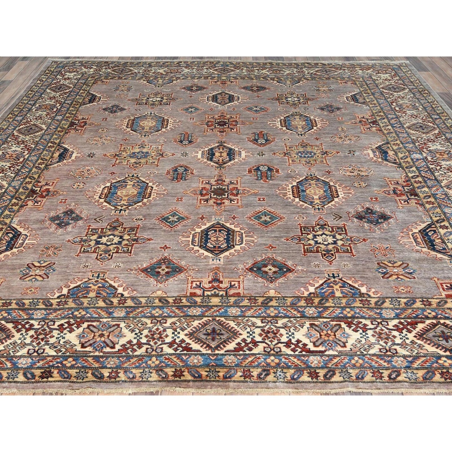 9'9"X9'9" Silver Pink Afghan Super Kazak Wool Hand Knotted Square Rug