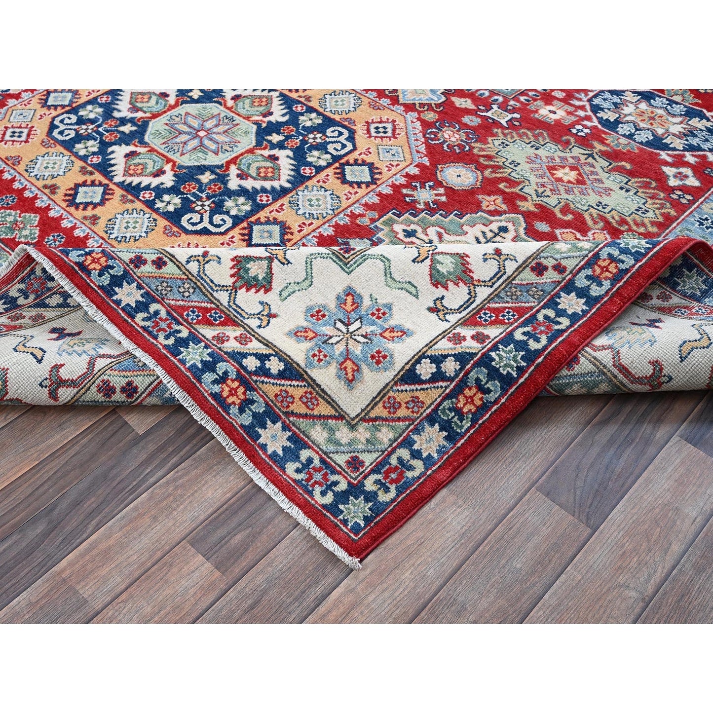 9'1"X11'9" Berry Red Kazak With Geometric Design Hand Knotted Soft Wool Rug