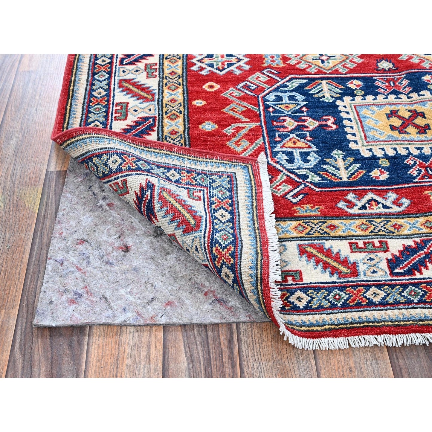 4'1"X5'6" Red Kazak With Geometric Medallions Design Wool Hand Knotted Rug