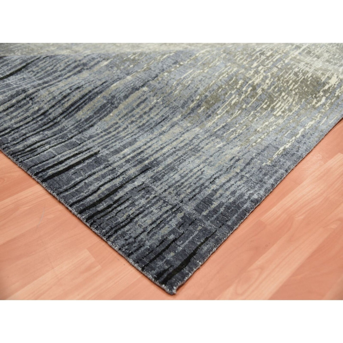 8'X8'4" Gray And Black Hand Knotted Modern Ombre Design Wool Square Rug