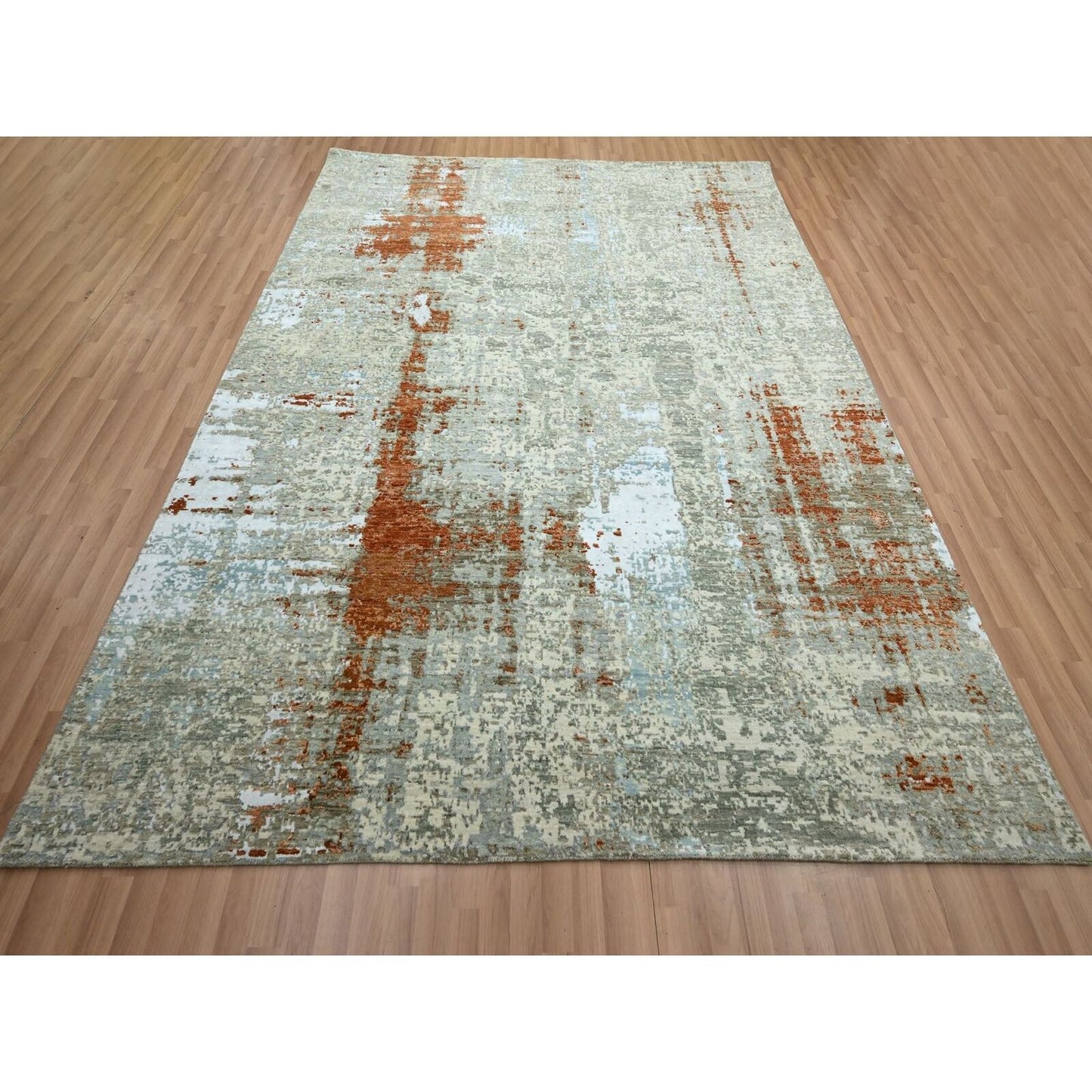 8'1"X10'3" Red With Beige Abstract Galaxy Design Wool Hand Knotted Rug