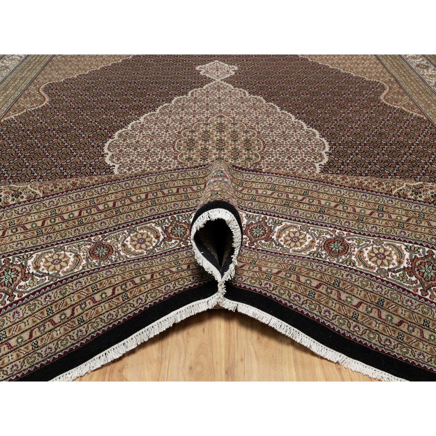 11'8"X15'2" Black Hand Knotted Tebraz Mahi Fish Design Wool Oversized Rug