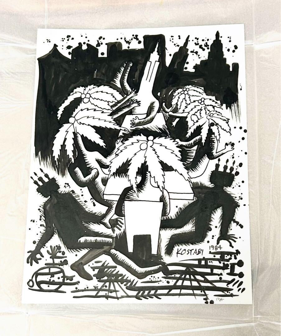 Mark Kostabi 1984 Original Painting Drawing Black Ink On Paper Signed Coa