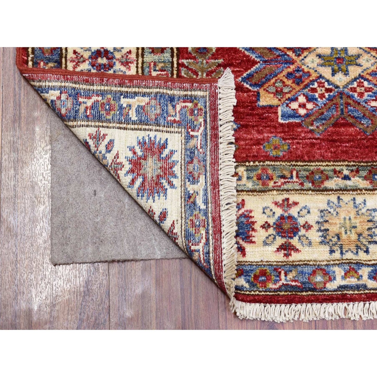 3'1"X11' Rich Red Hand Knotted Kazak Geometric Medallions Wool Runner Rug