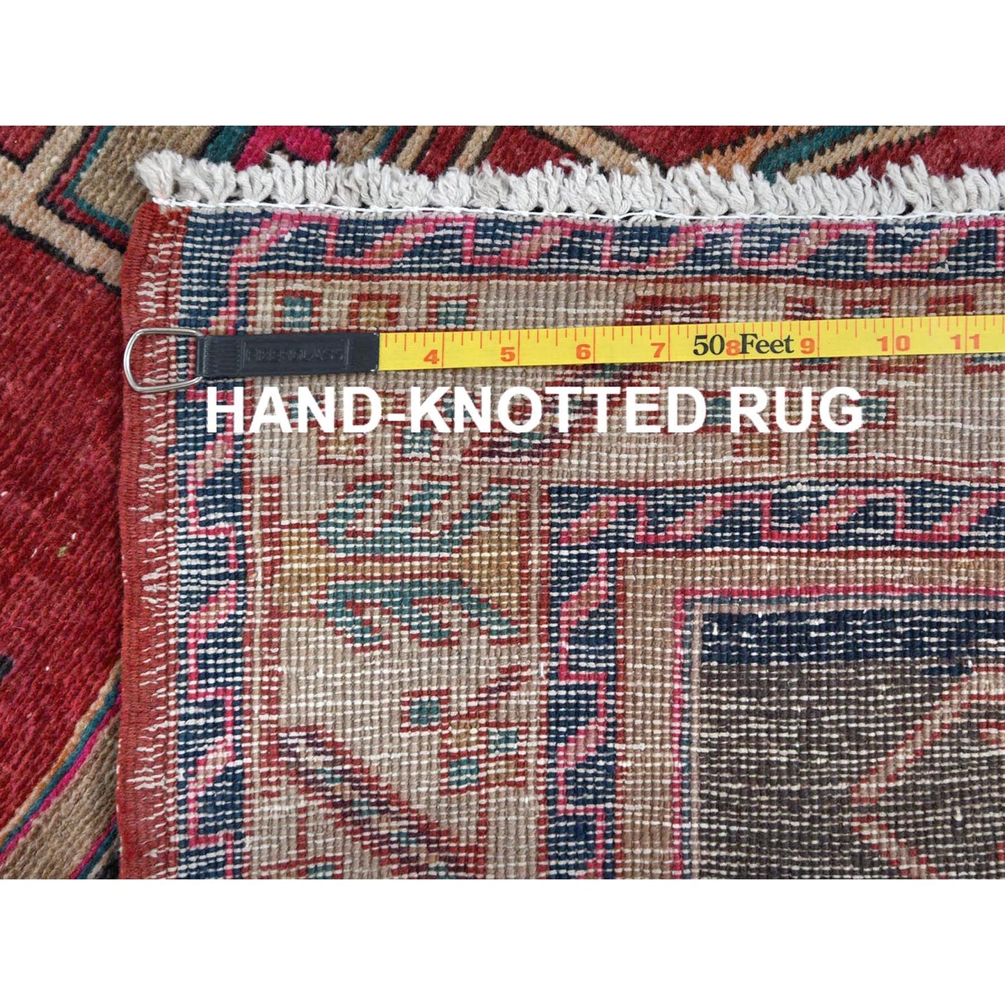3'9"X10'9" Red Farsian Heris With Geometric Design Hand Knotted Wool Rug