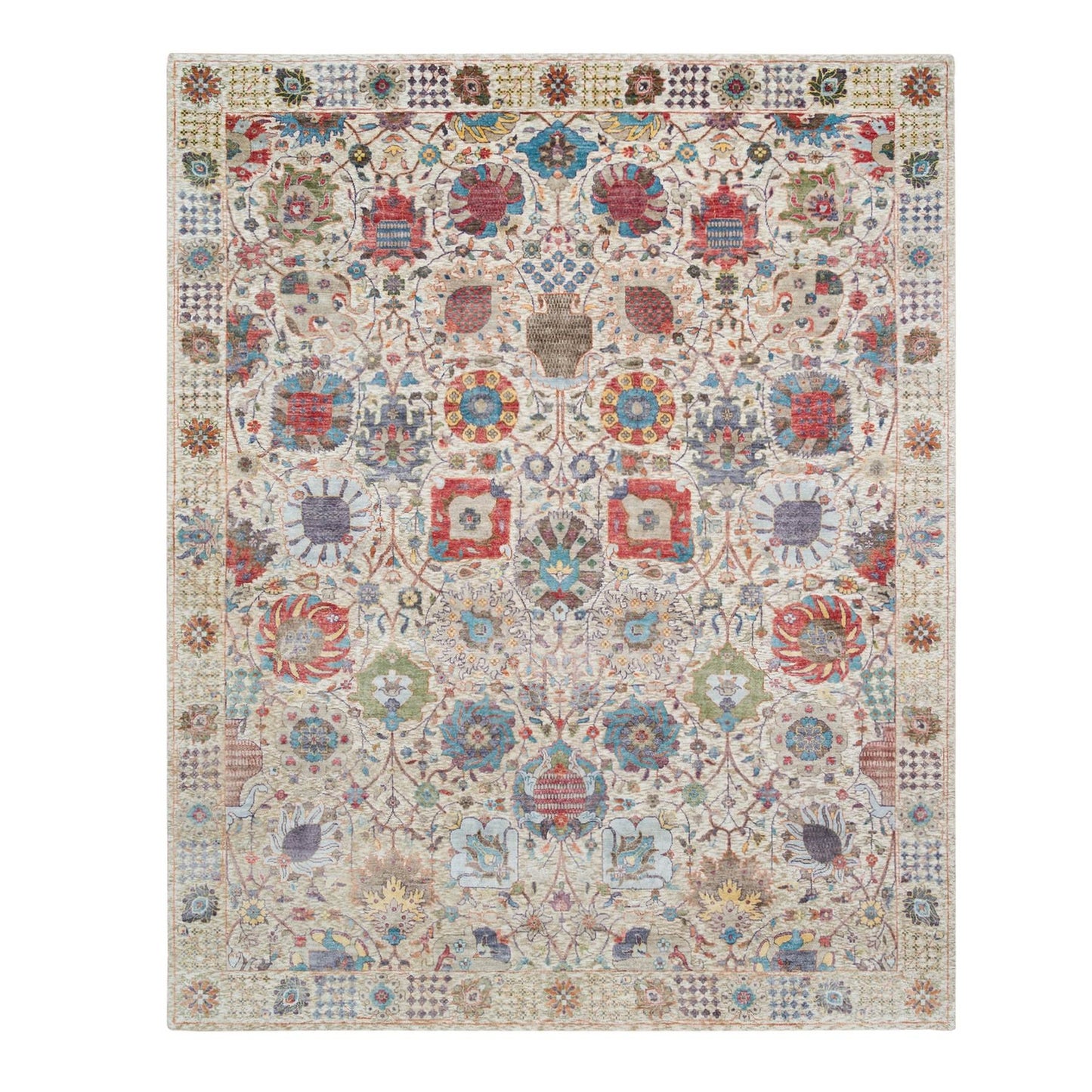 8'3"X10'3" Ivory Hand Knotted Tebraz Vase Silk With Wool Rug