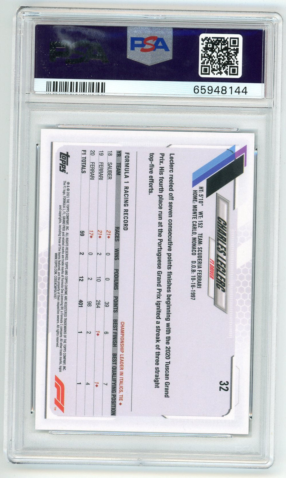 Charles Leclerc 2021 Topps Chrome Checker Flag Refractor #32 Psa 10