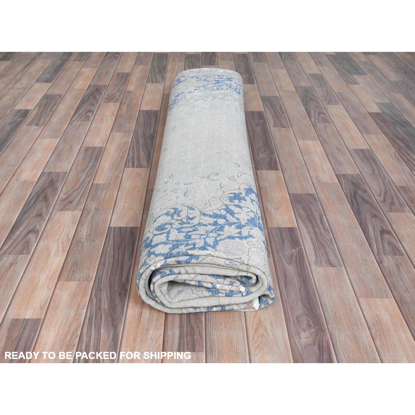 9'7"X12'9" Blue Hand Knotted Worn Wool Distressed Look Old Farsian Rug