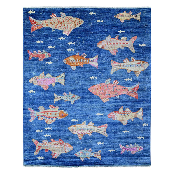 8'X10' Grotto Blue Hand Knotted Peshawar Oceanic Fish Design Wool Rug