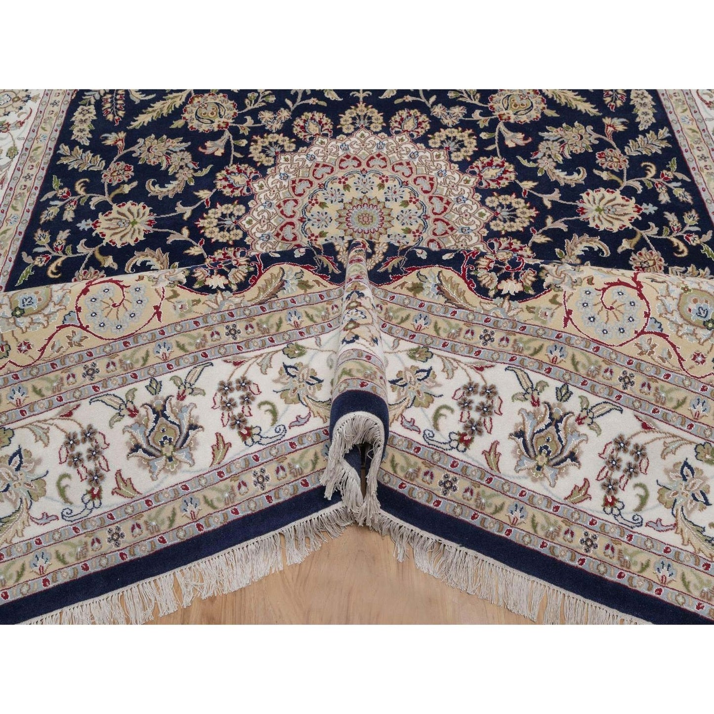 9'X12'2" Midnight Blue Nain Flower Design Wool And Silk Hand Knotted Rug