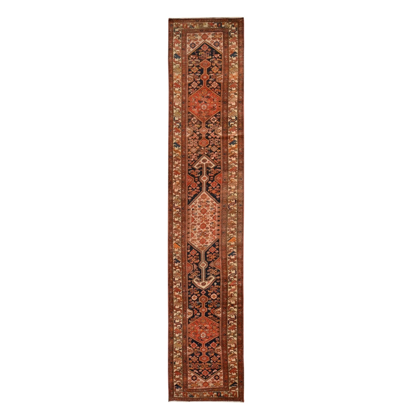 3'1"X16'3" Blue With Red Antique Zoroastrian Hand Knotted Wool Runner Rug