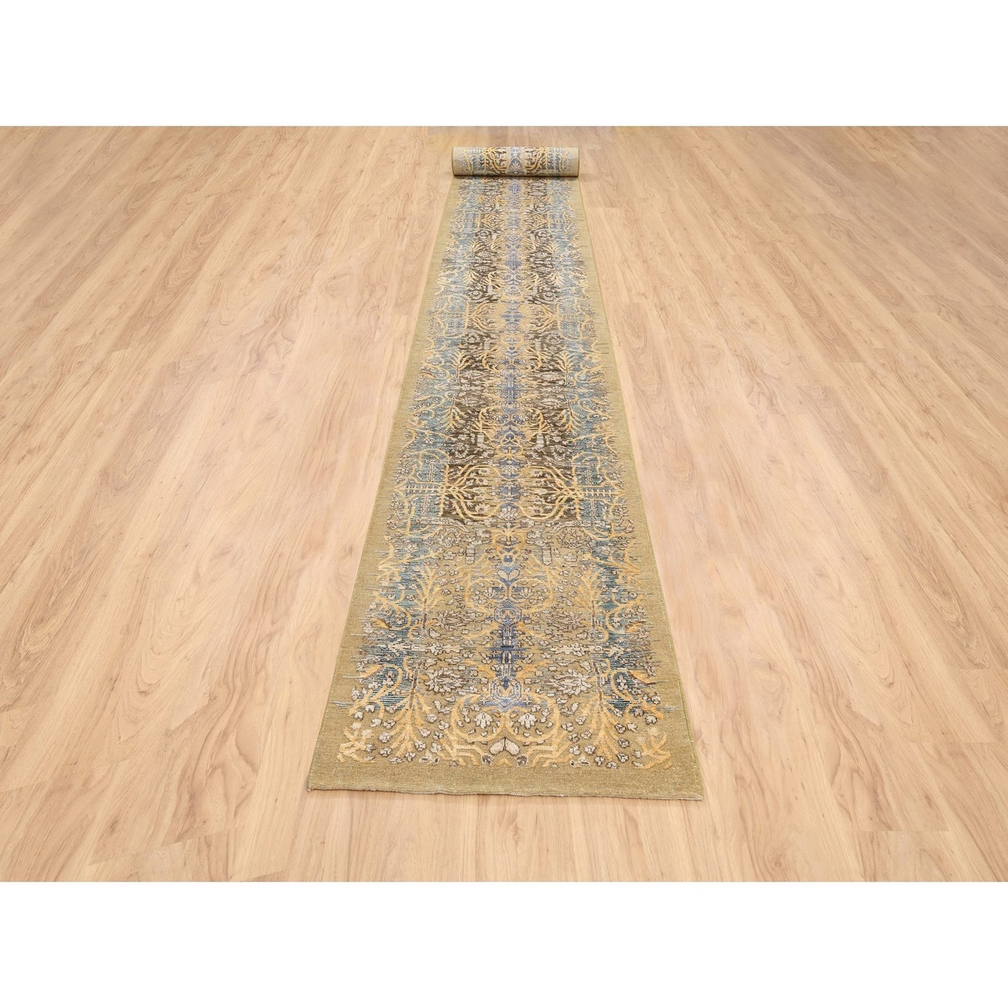2'7"X22' Gold Brown Hand Knotted Silk With Textured Wool Xl Runner Rug
