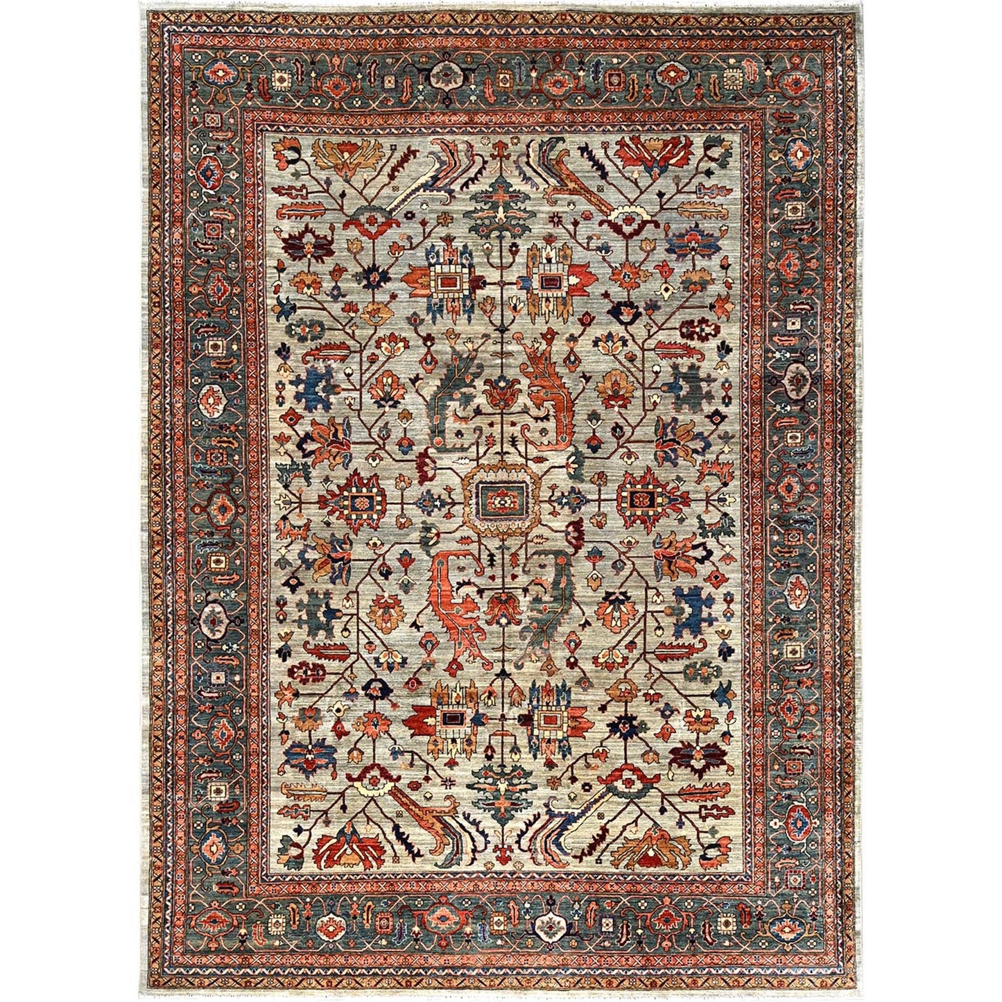10'4"X14' Light Green Heris All Over Design Hand Knotted Soft Wool Rug