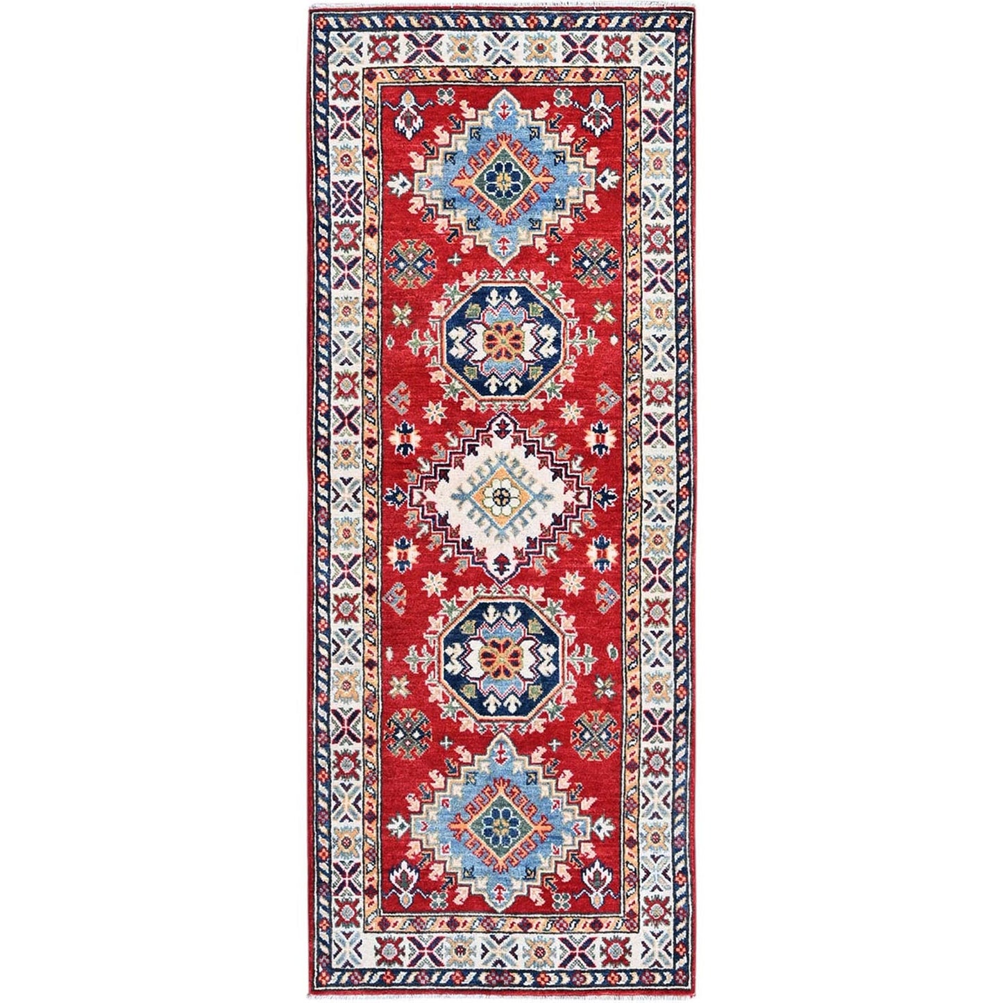 2'7"X6'9" Red Kazak Medallions Design Soft Wool Hand Knotted Runner Rug