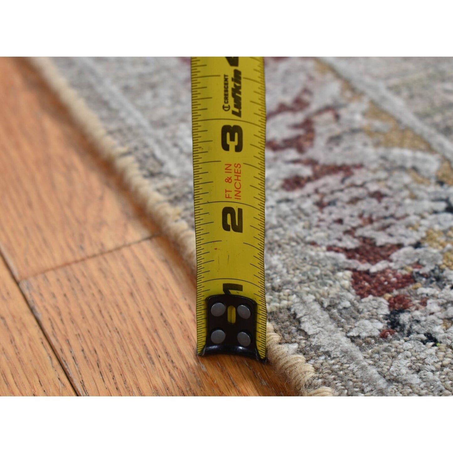 2'6"X9'10" Gray Erased Tulip Design Silk/Wool Hand Knotted Runner Rug