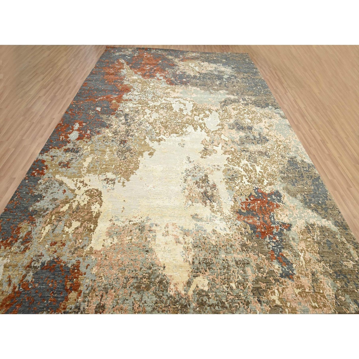 10'X13'10" Gray With Beige Abstract Design Pure Wool Hand Knotted Rug