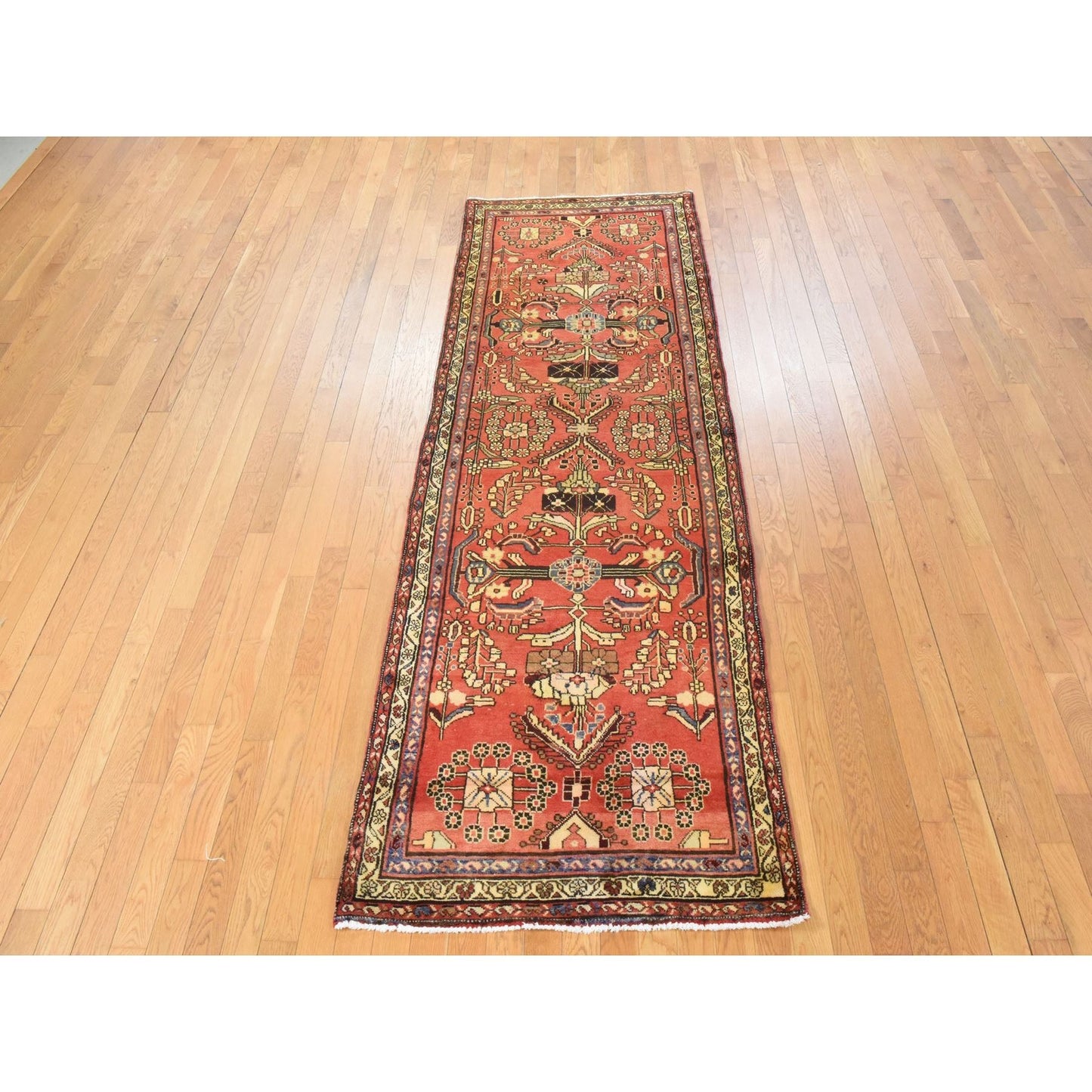 3'4"X9'10" Red Semi Antique Zoroastrian Pure Wool Hand Knotted Runner Rug