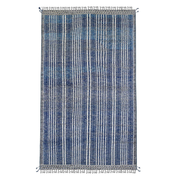 6'X10'4" Blue Moroccan Weave With Line Design Soft Wool Hand Knotted Rug