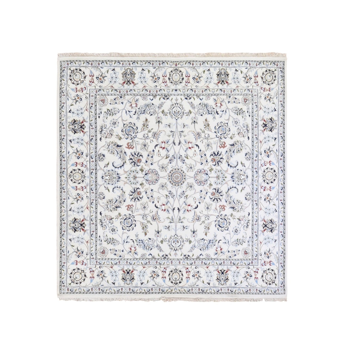 6'1"X6'1" Ivory Wool 250 Kpsi All Over Flower Design Nain Hand Knotted Rug