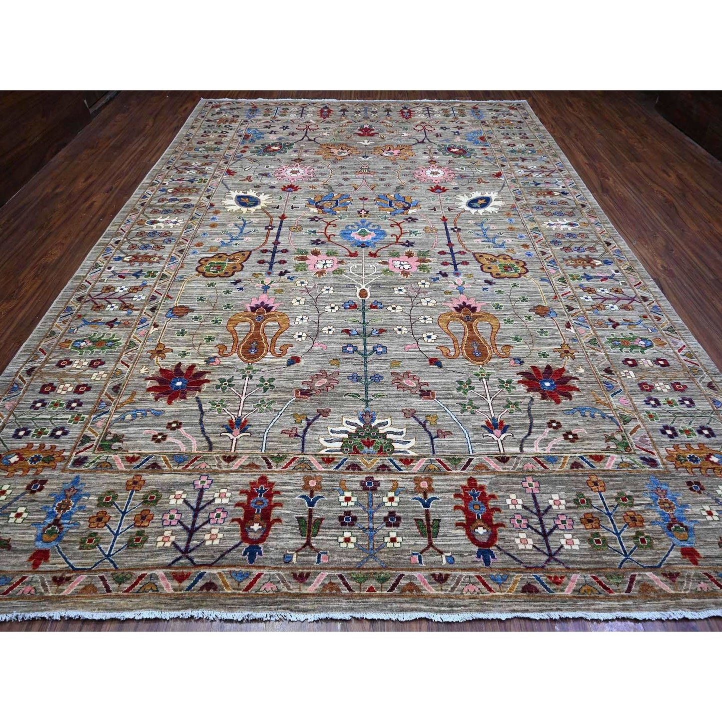 10'X13'8" Storm Gray Hand Knotted Sultani Floral Pattern Oriental Rug