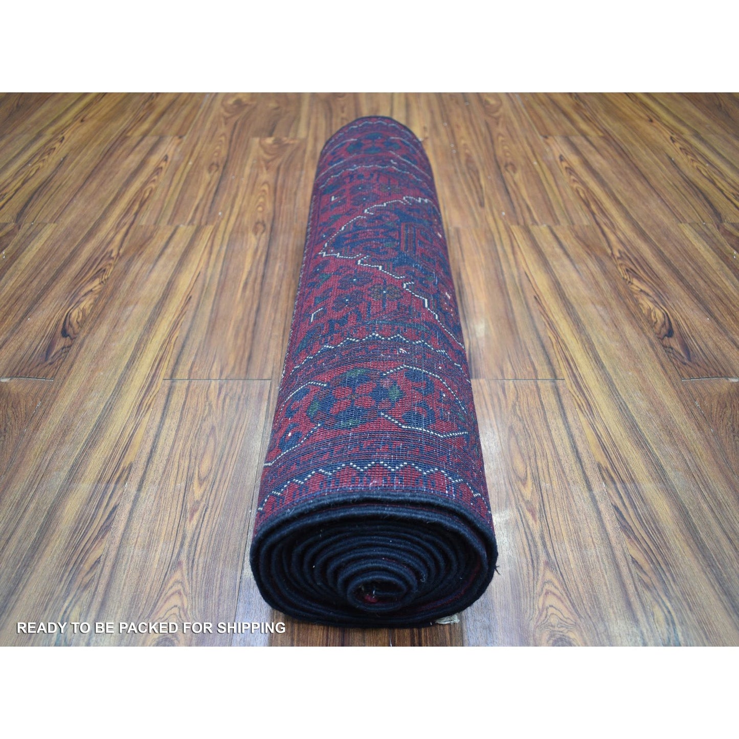 2'8"X13'1" Red Afghan Khamyab Pure Wool Geometric Design Hand Knotted Rug