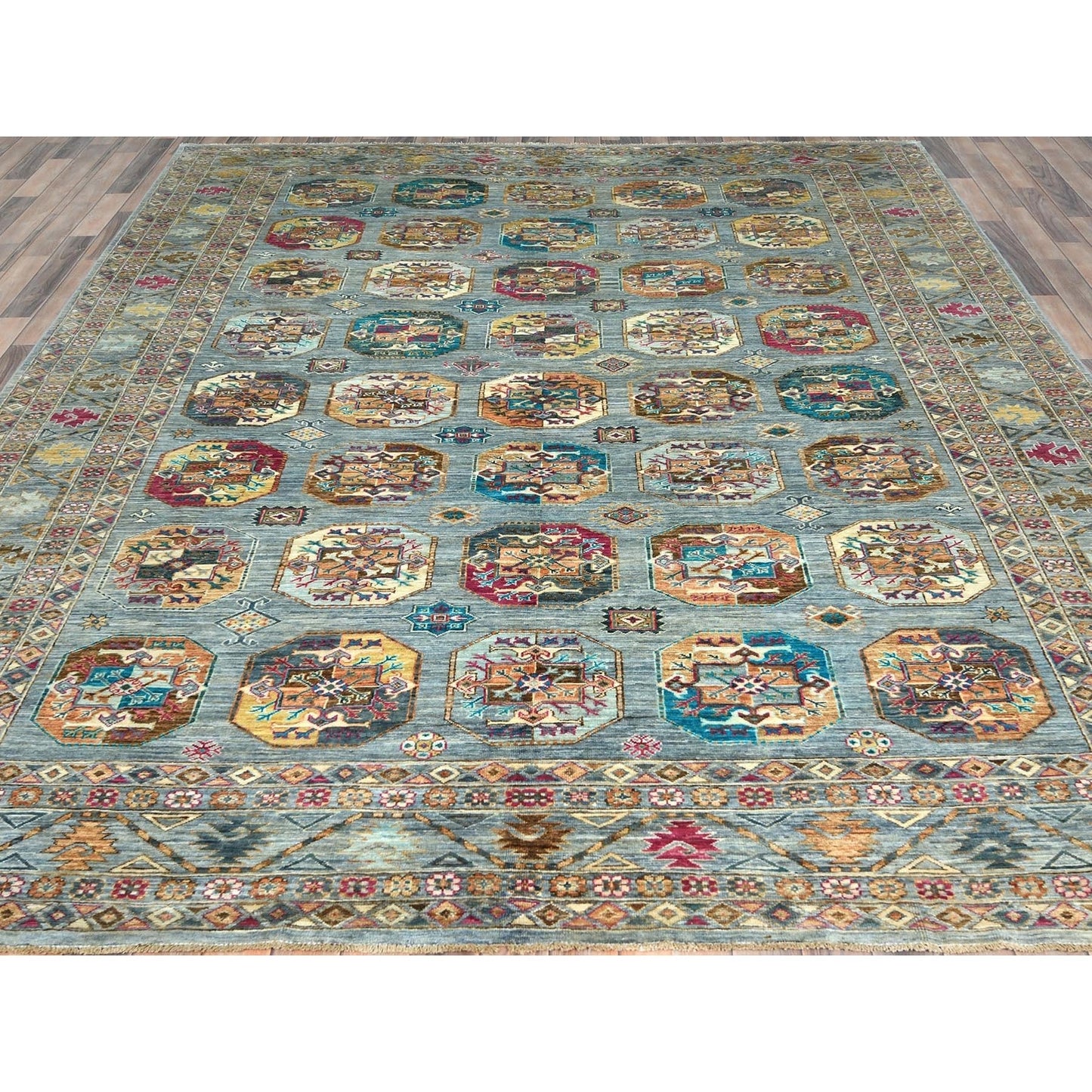8'8"X11'9" Light Blue Soft Wool Hand Knotted Afghan Super Kazak Rug