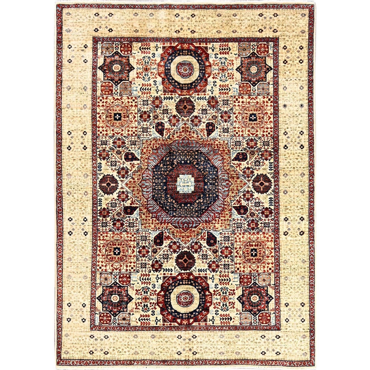 4'10"X7' White Hand Knotted 100% Wool Mamluk Design Oriental Rug