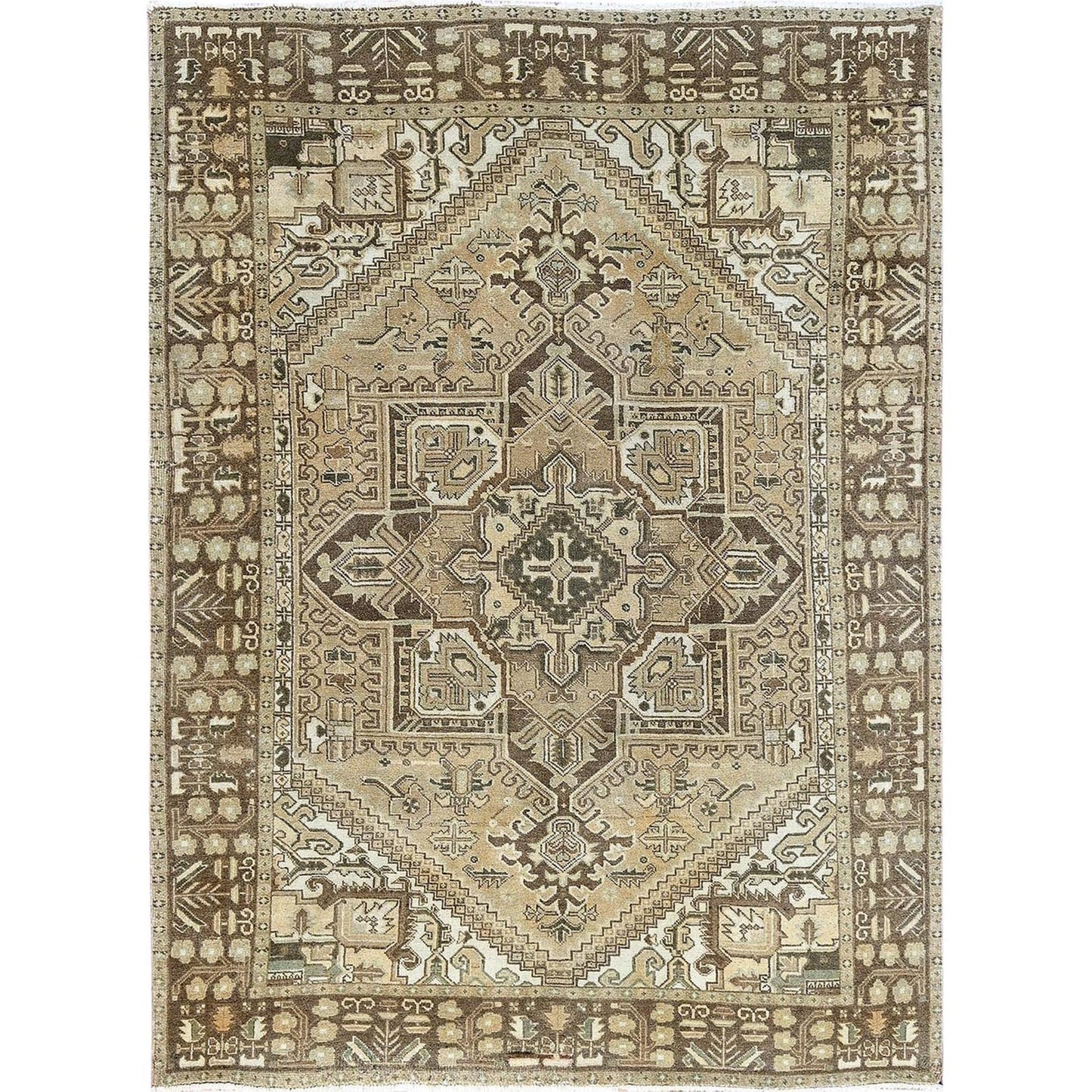 6'7"X9'3" Khaki Brown Vintage Zoroastrian Heris Hand Knotted Pure Wool Rug