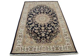 6X9 Ft Hand-Knotted Indo-Nain Oriental Rug Dark