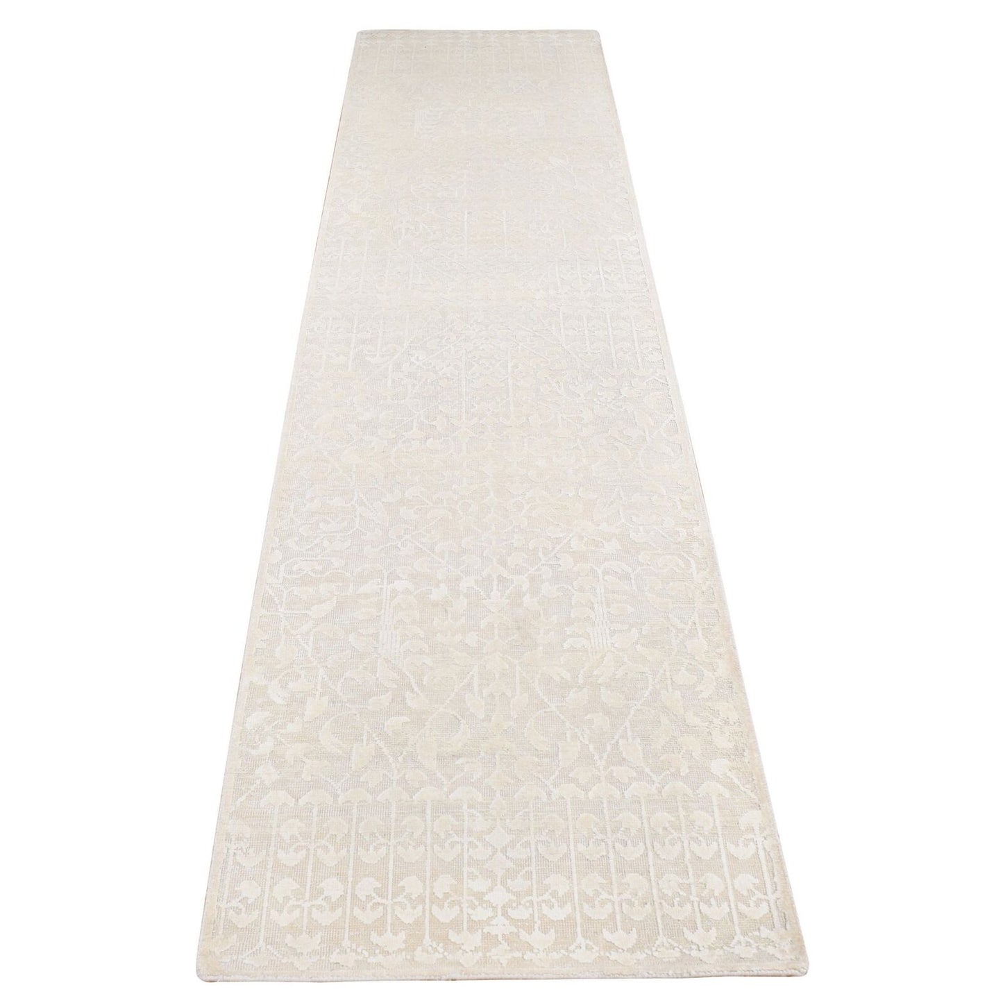2'6"X10'1" White Hand Knotted Tone On Tone Design Silk Wool Runner Rug