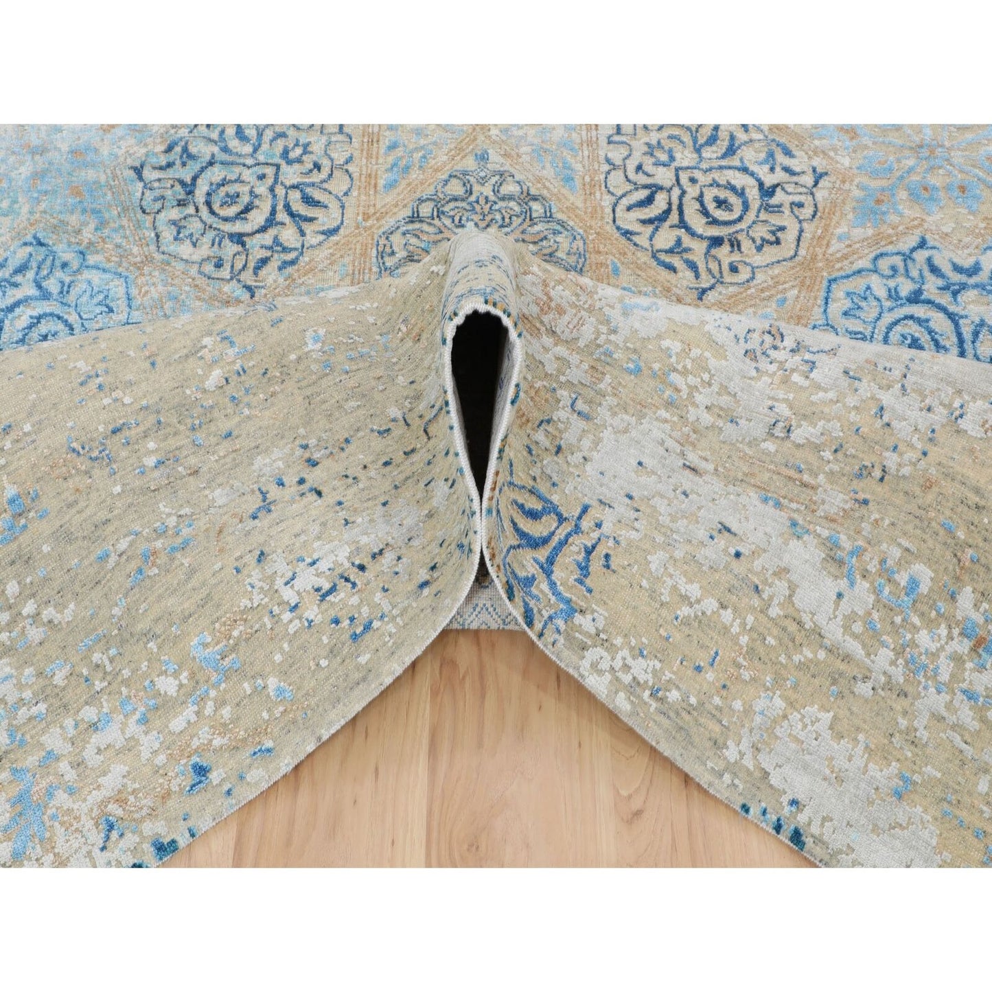 8'10"X12' Gray Snowflake Silk With Textured Wool Oriental Rug