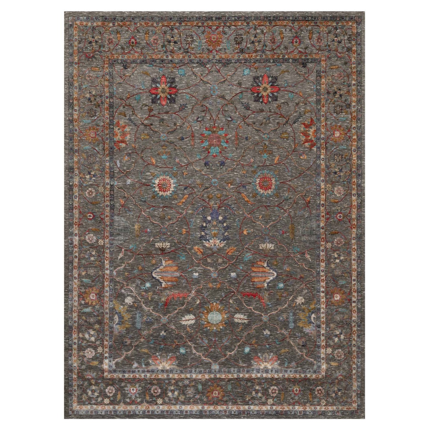 9'X12'1" Brown Scrolls Leaf Design Striae Hand Knotted Silk And Wool Rug