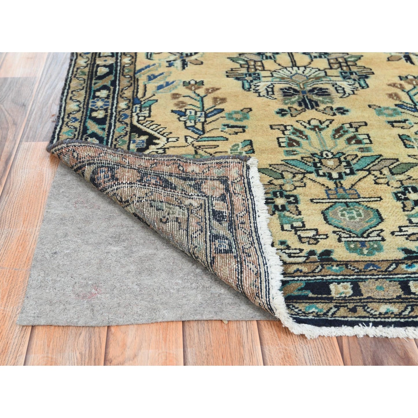 3'5"X10'1" Brown Vintage Farsian Worn Wool Hand Knotted Wide Runner Rug
