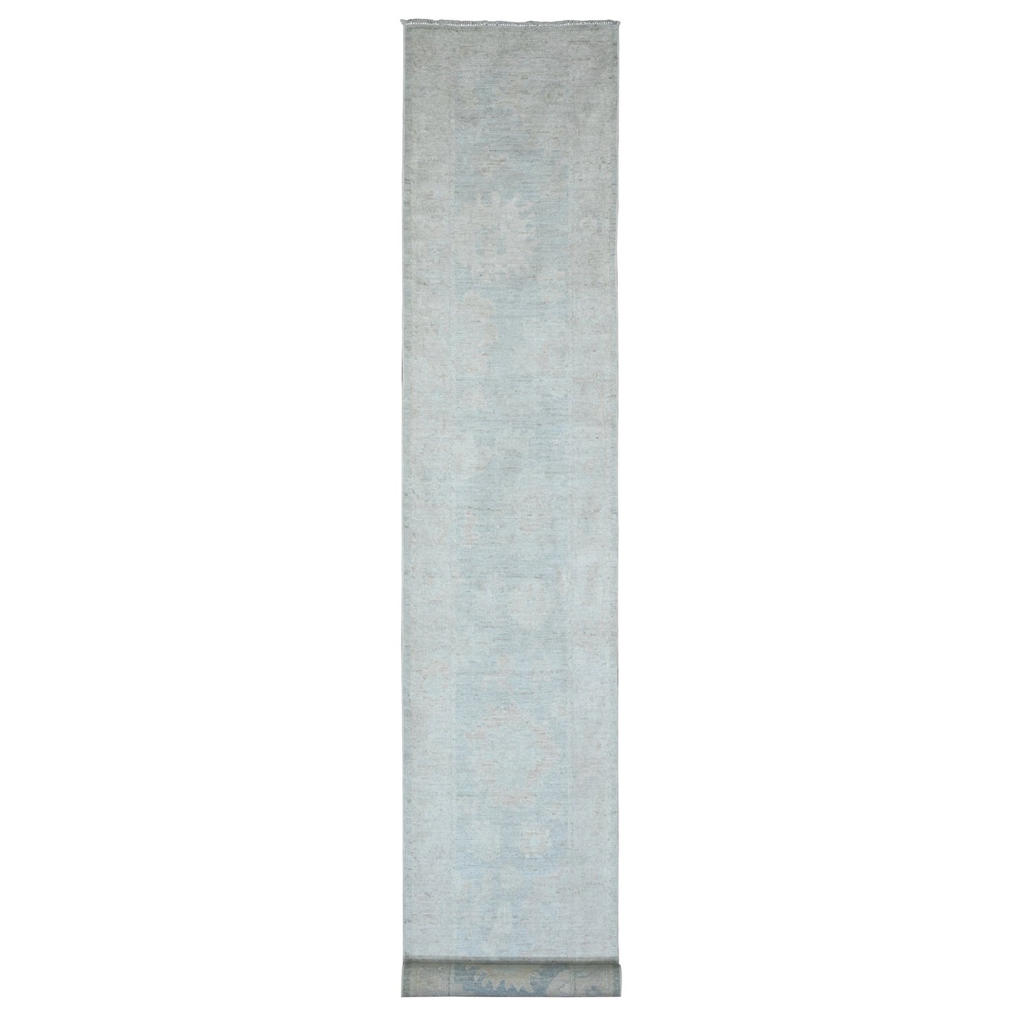 2'10"X19'6" Gray Afghan Angora Oushak Hand Knotted Pure Wool Runner Rug