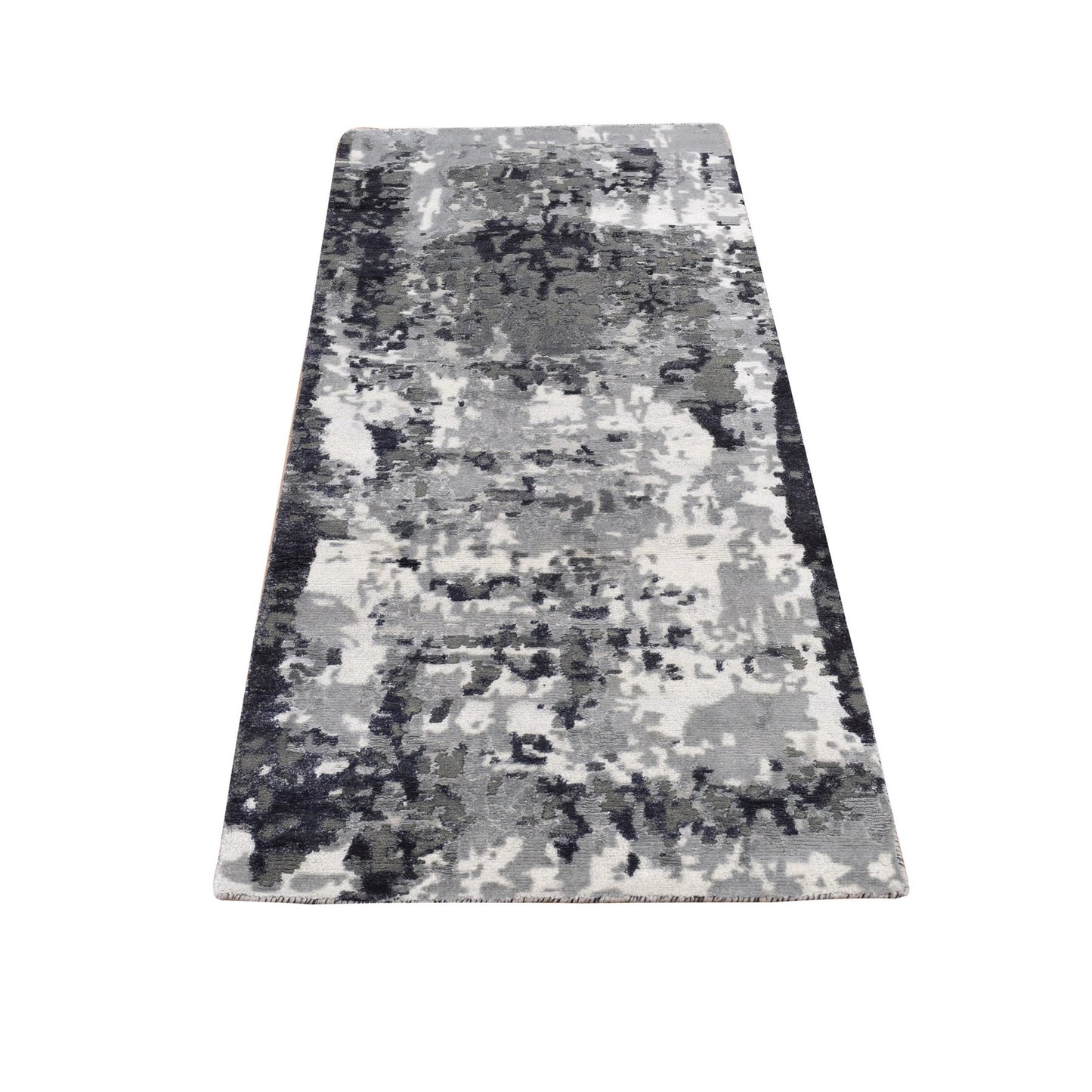 2'7"X5'9" Black Galaxy Design Wool And Silk Hand Knotted Runner Rug