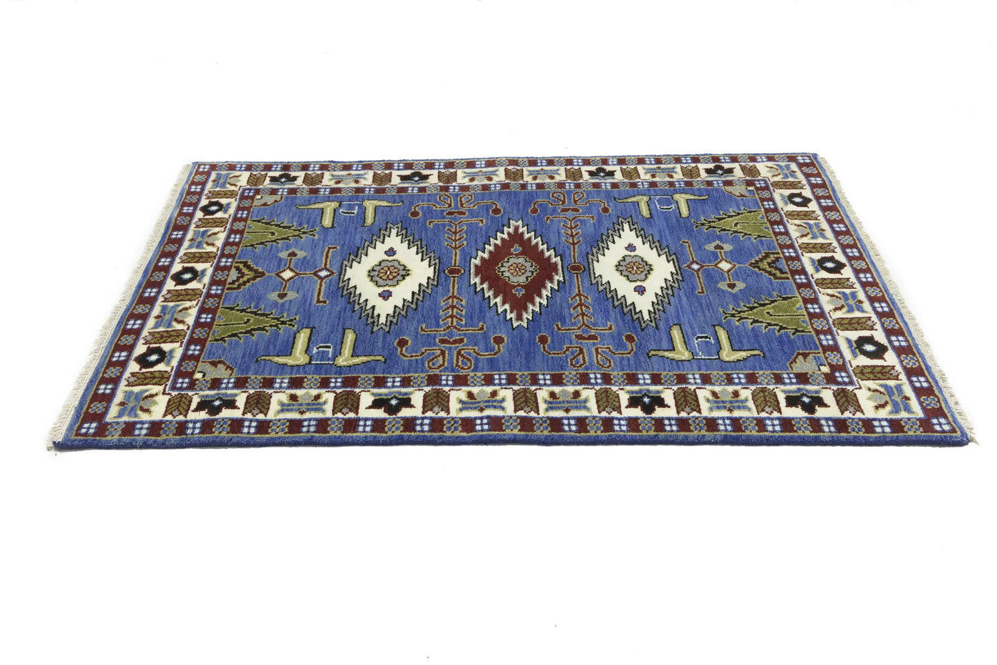 Hand-Knotted Kazak Oriental Rug 4X6 Ft Blue
