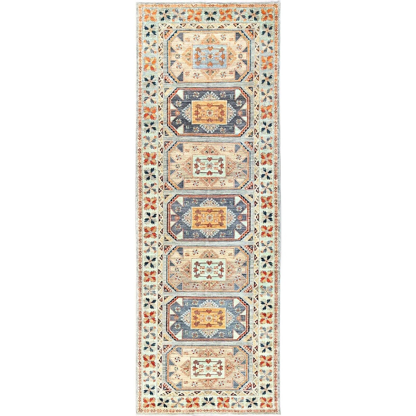 4'X11'9" Blue 200 Kpsi Wool Caucasian Design Hand Knotted Wide Runner Rug