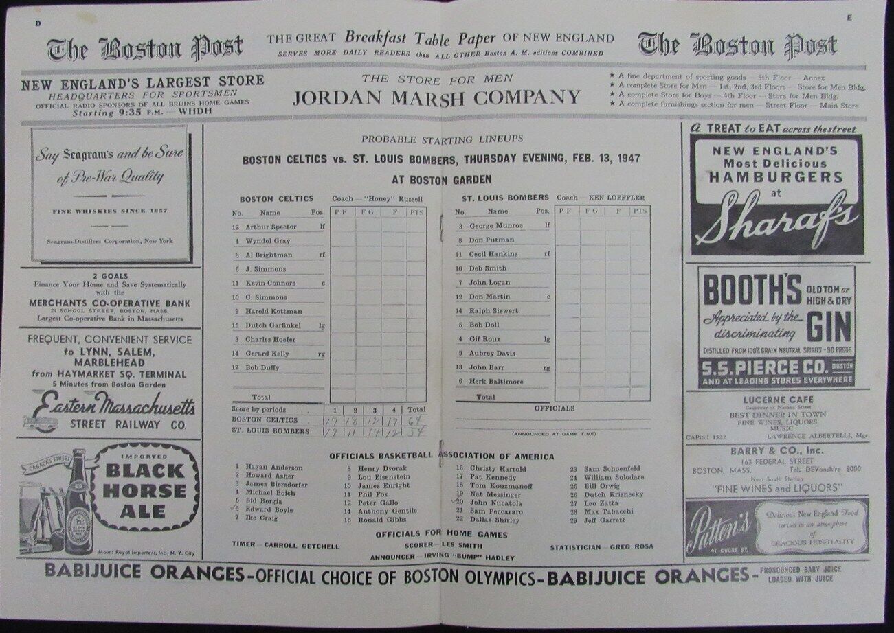 Vintage 1947 Boston Celtics Vs. St. Louis Bombers
