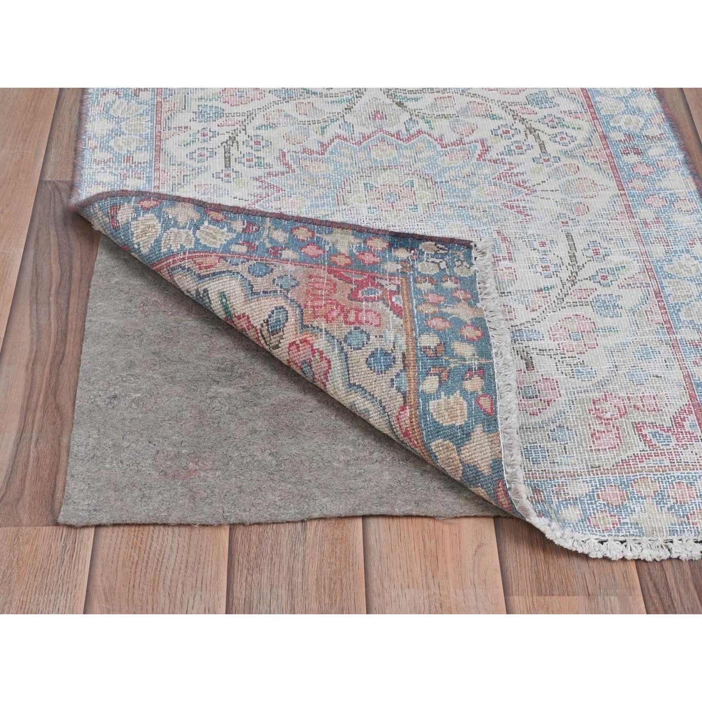 2'X2'7" Ivory Vintage Farsian Karman Worn Wool Hand Knotted Mat Rug