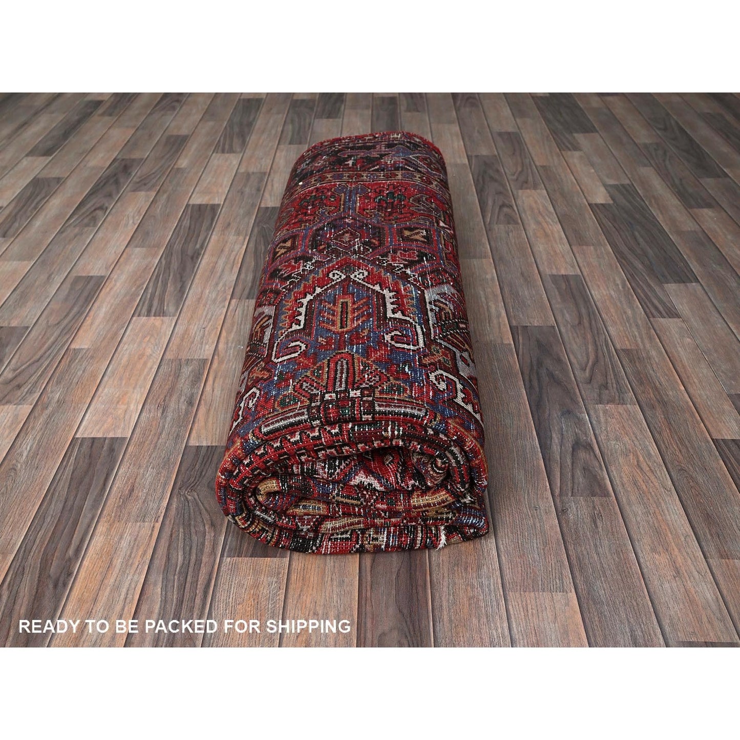 7'7"X10'9" Red Vintage Zoroastrian Heris Worn Down Hand Knotted Wool Rug