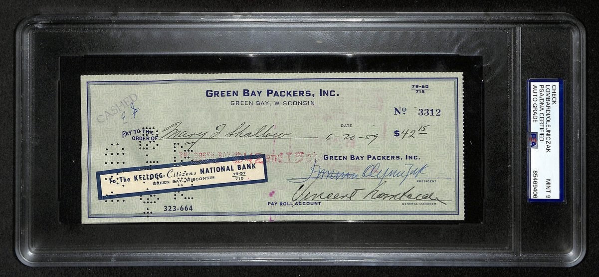 Vince Lombardi Hof Packers Signed/Autographed 1959 Bank Check Psa/Dna 197219